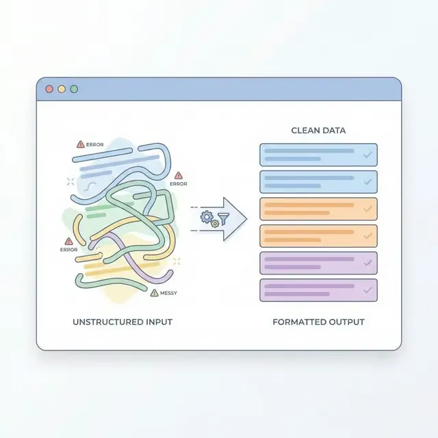 表記ゆれの多い乱雑なテキストデータが、自動で規則正しい綺麗な状態に整えられるフローのイメージ