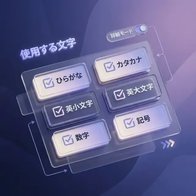 英数字や記号など様々な文字種を組み合わせてパスワードを生成する設定パネルのイメージ