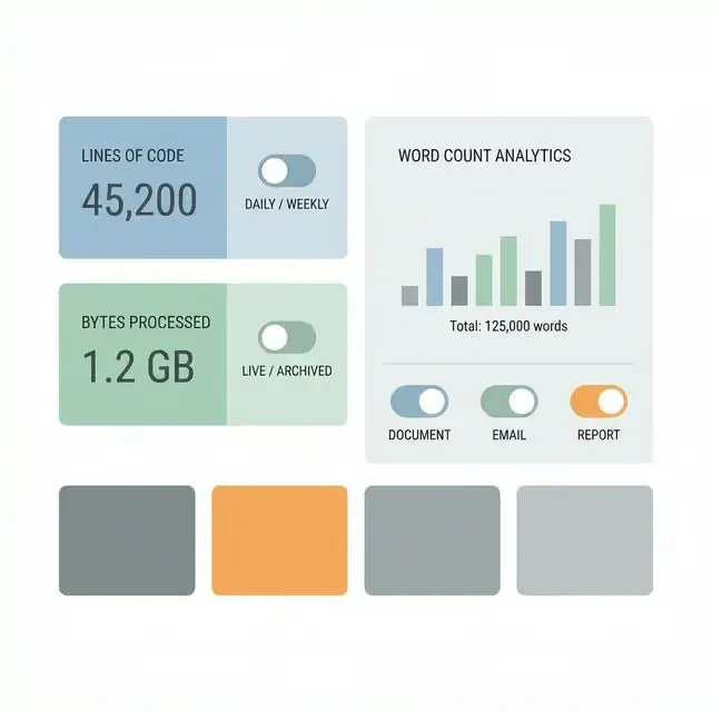 空白・改行を除いた文字数やバイト数などのテキスト集計データを確認できるダッシュボードのイメージ